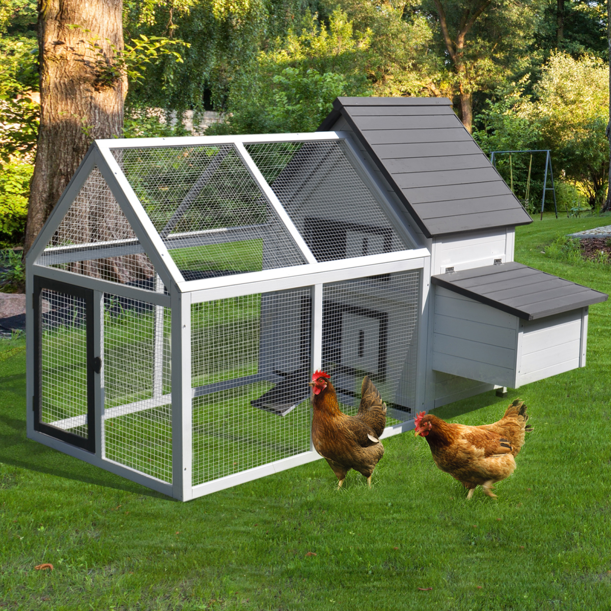 Chicken coop with two chickens on a grassy area