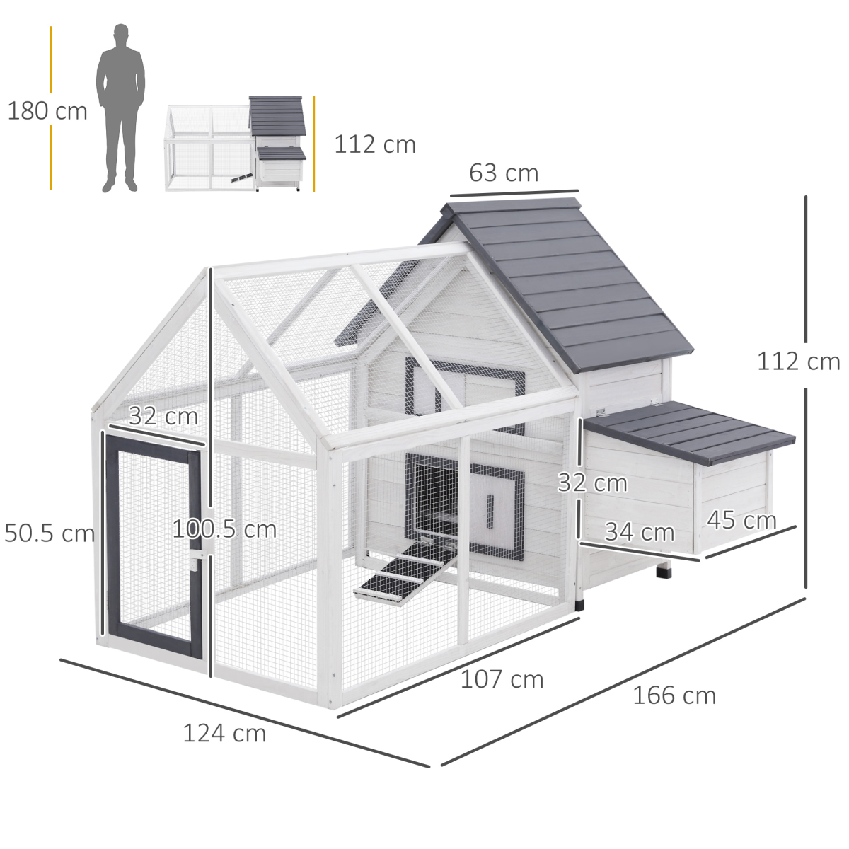 Dimensions of a chicken coop with a person for scale on a white background