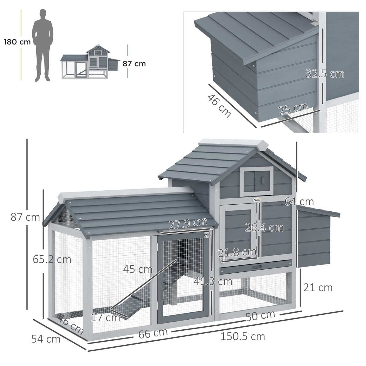 Small Chicken Coop with Cage and Nesting Box - Grey