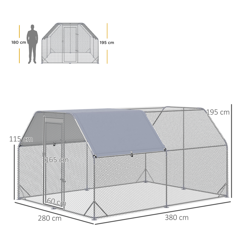 Dimensions of a chicken coop with a person for scale on a white background
