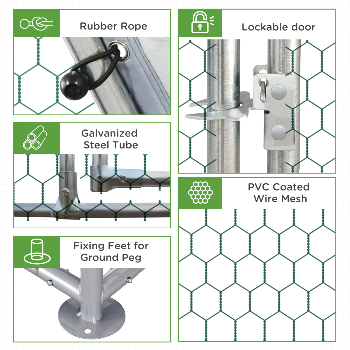 Collage of features including rubber rope, lockable door, galvanized steel tube, PVC-coated wire mesh, and fixing feet for ground peg on a white background.