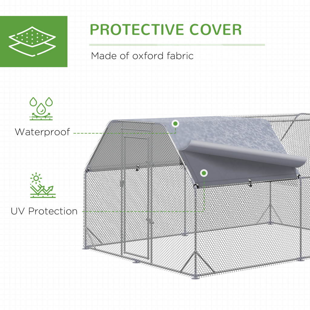 Protective cover for a wire animal pen with text highlighting features on a white background