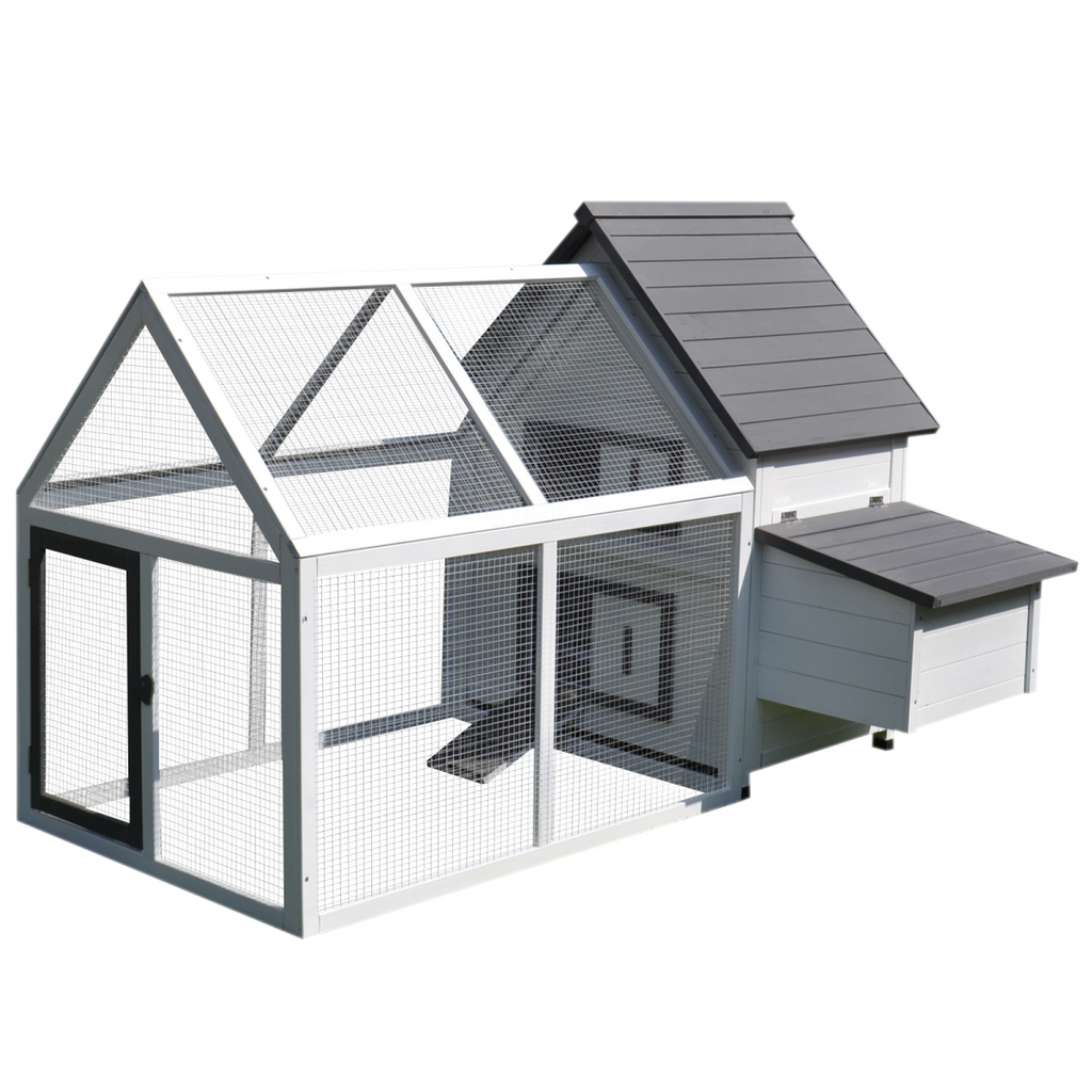 Chicken coop with a grey roof and white walls on a white background