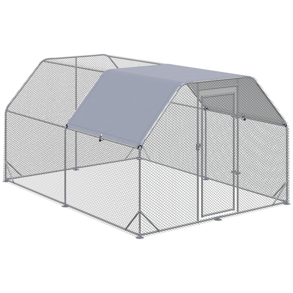 Wire mesh chicken coop with a grey cover