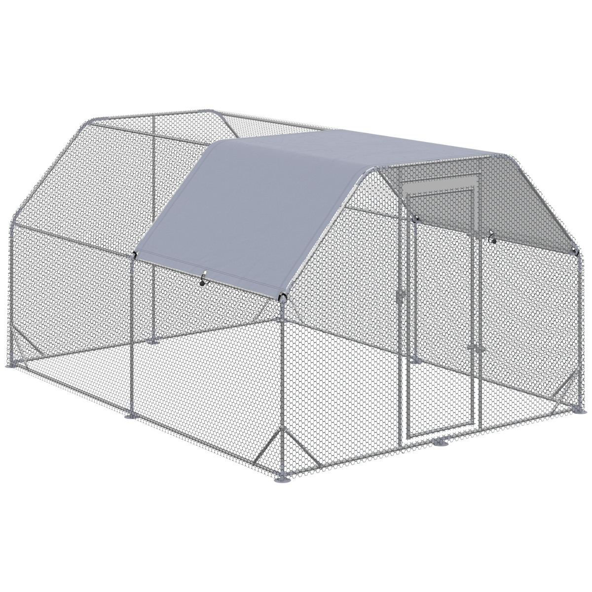 Wire mesh chicken coop with a grey cover